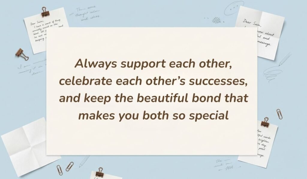 Soft blue background styled with paper clips and sticky notes showcasing 10th birthday wishes for twins stating "Always support each other, celebrate each other’s successes, and keep the beautiful bond that makes you both so special"