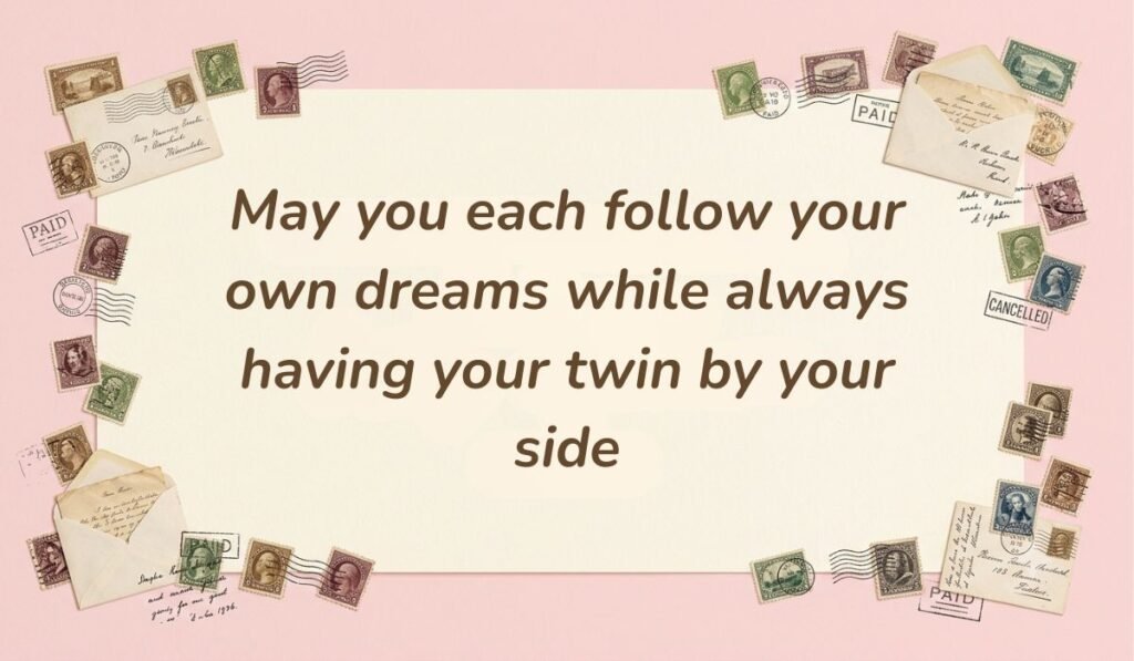 Pastel pink postcard layout decorated with vintage postage stamps offering 10th birthday wishes for twins reading "May you each follow your own dreams while always having your twin by your side"
