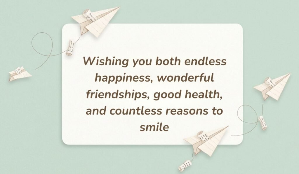 Light green card framed with floating paper airplanes showcasing 10th birthday wishes for twins stating "Wishing you both endless happiness, wonderful friendships, good health, and countless reasons to smile"