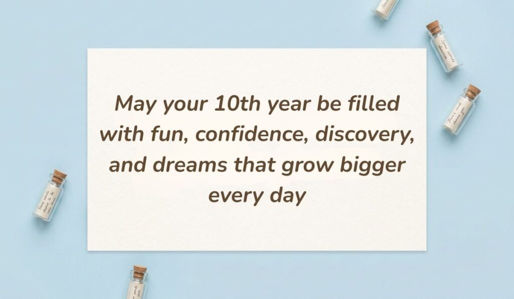 Light blue background styled with small glass message bottles containing 10th birthday wishes for twins reading "May your 10th year be filled with fun, confidence, discovery, and dreams that grow bigger every day"