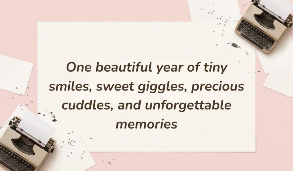 Vintage pink layout with typewriters featuring 1st birthday wishes for twins reading "One beautiful year of tiny smiles, sweet giggles, precious cuddles, and unforgettable memories"