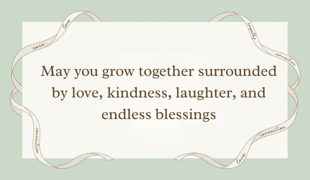 Sage green card decorated with ribbon accents showcasing 1st birthday wishes for twins stating "May you grow together surrounded by love, kindness, laughter, and endless blessings"