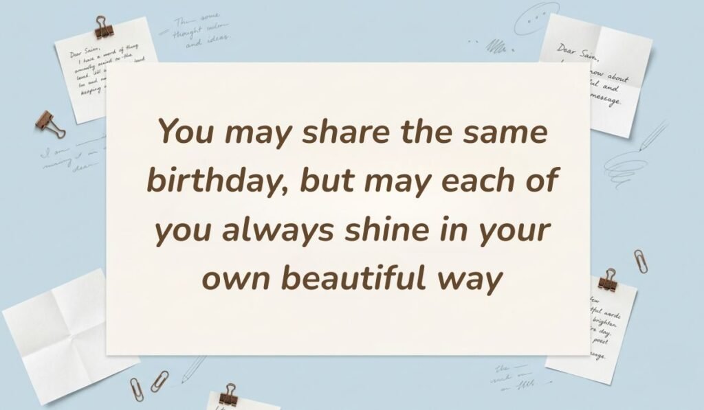 Desk layout with stationery and paper clips presenting 1st birthday wishes for twins reading "You may share the same birthday, but may each of you always shine in your own beautiful way"