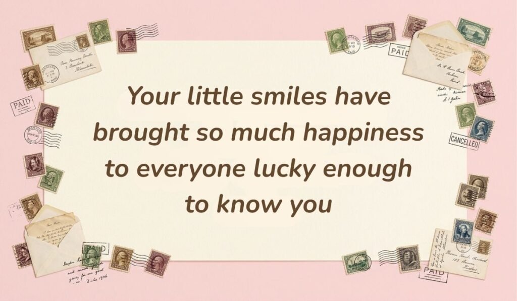 Pastel pink postcard design framed with stamps offering 1st birthday wishes for twins reading "Your little smiles have brought so much happiness to everyone lucky enough to know you"