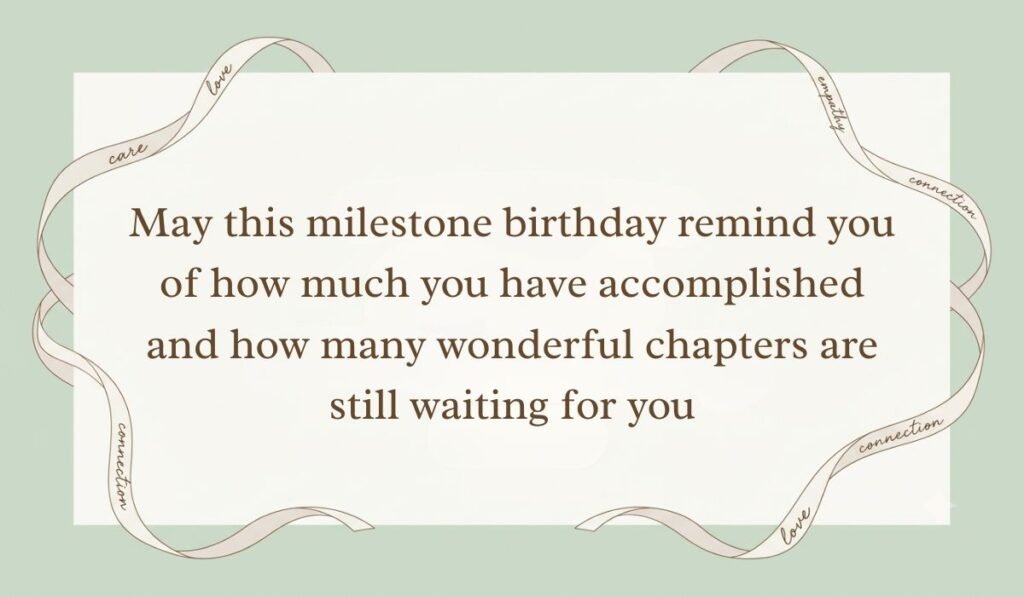 Sage green ribbon-bordered card displaying 50th birthday quotes for women reading, "May this milestone birthday remind you of how much you have accomplished and how many wonderful chapters are still waiting for you"