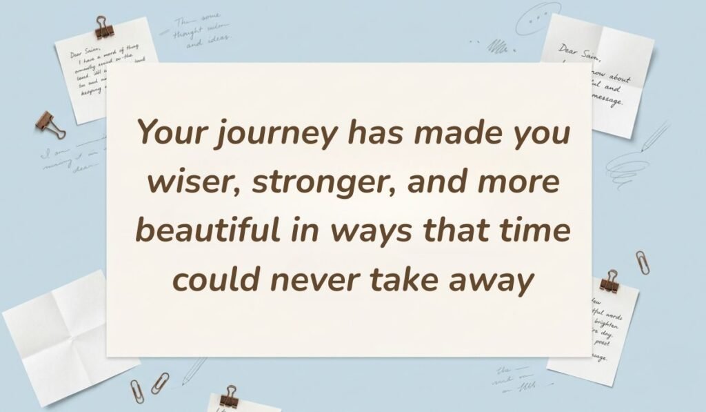 Light blue stationery desk layout showing 50th birthday quotes for women stating, "Your journey has made you wiser, stronger, and more beautiful in ways that time could never take away"