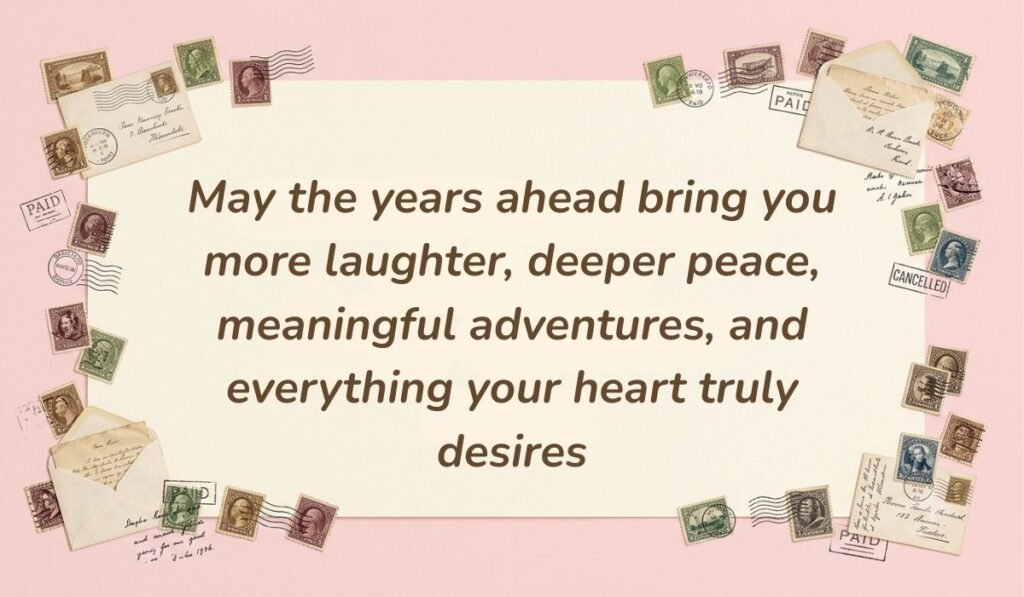 Soft pink frame with vintage postage stamps displaying 50th birthday quotes for women reading, "May the years ahead bring you more laughter, deeper peace, meaningful adventures, and everything your heart truly desires"