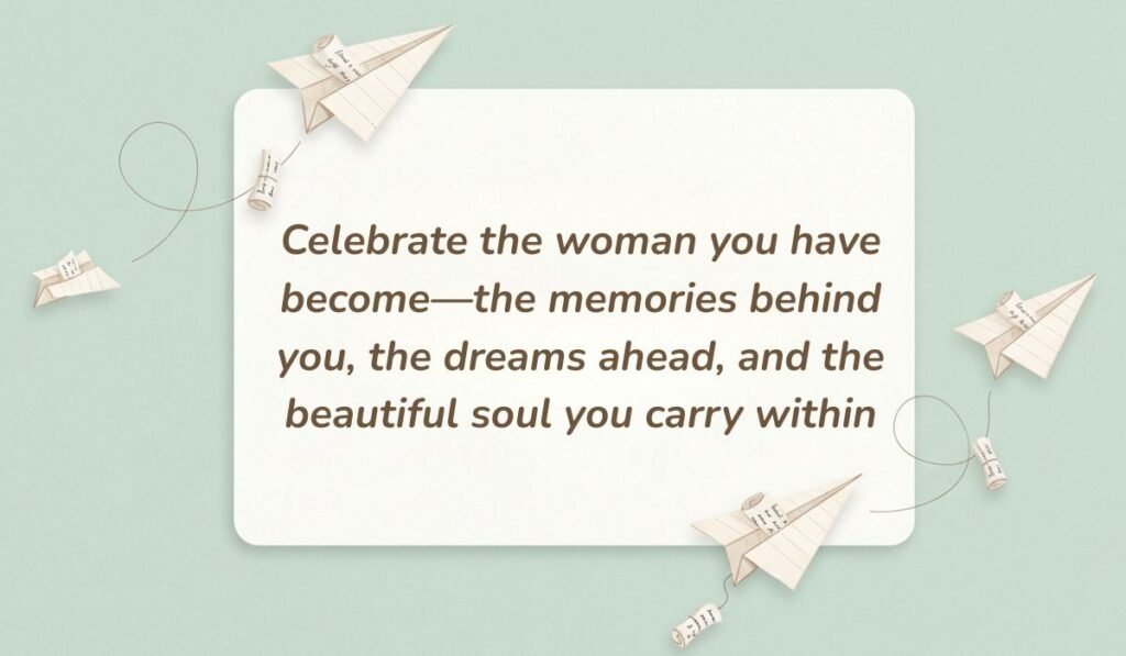 Soft green background with paper airplanes featuring 50th birthday quotes for women stating, "Celebrate the woman you have become—the memories behind you, the dreams ahead, and the beautiful soul you carry within"