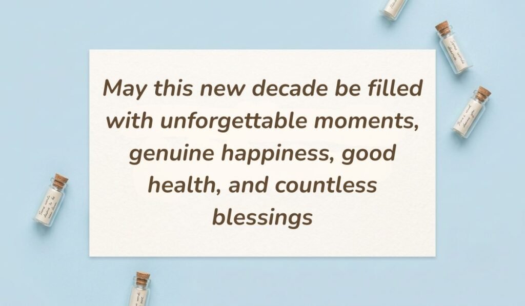 Light blue flat lay with mini message bottles showing 50th birthday quotes for women reading, "May this new decade be filled with unforgettable moments, genuine happiness, good health, and countless blessings"