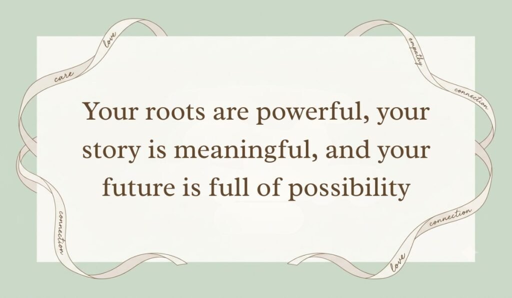 Sage green aesthetic card framed with subtle ribbons featuring african american good morning quotes reading "Your roots are powerful, your story is meaningful, and your future is full of possibility"