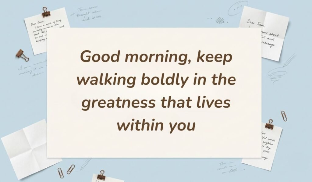 Soft blue stationery flatlay with notes and paper clips displaying african american good morning quotes reading "Good morning, keep walking boldly in the greatness that lives within you"