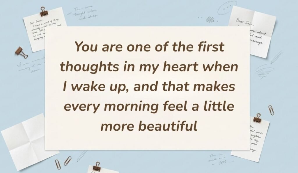 Light blue stationery background with memo notes and clips showing best morning messages for him reading, "You are one of the first thoughts in my heart when I wake up, and that makes every morning feel a little more beautiful"