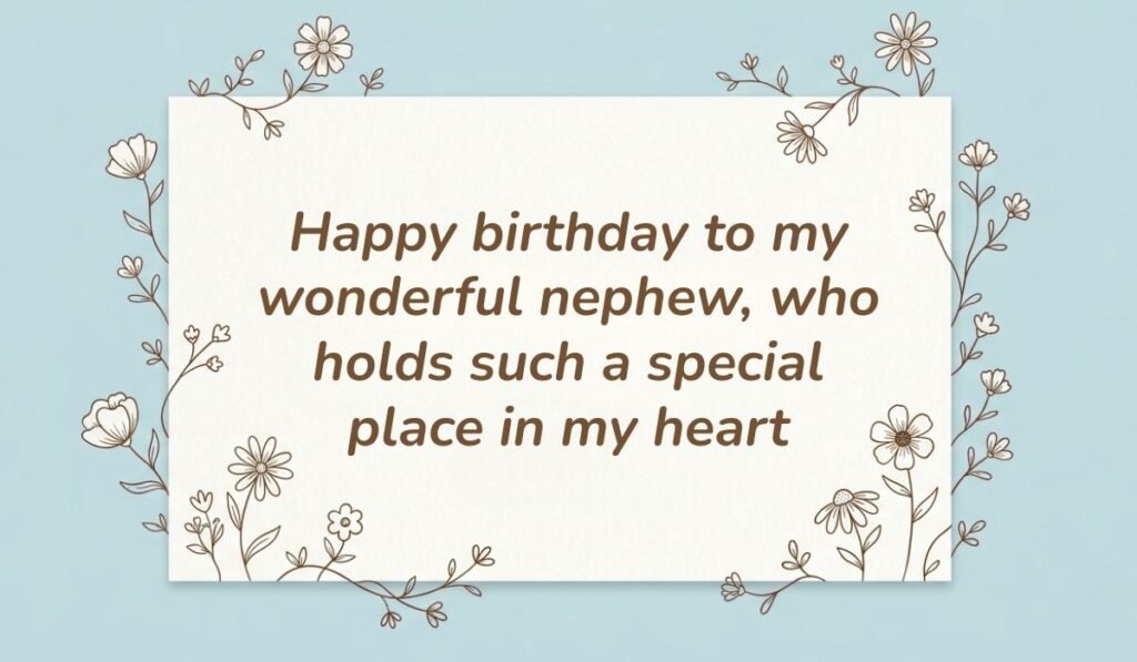 Light blue floral frame card featuring birthday messages for nephew from aunt reading "Happy birthday to my wonderful nephew, who holds such a special place in my heart"