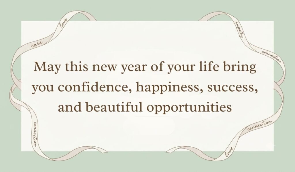 Sage green ribbon-bordered card displaying birthday messages for nephew from aunt reading "May this new year of your life bring you confidence, happiness, success, and beautiful opportunities"