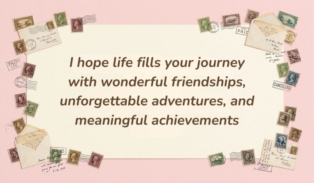 Soft pink frame with vintage postage stamps presenting birthday messages for nephew from aunt stating "I hope life fills your journey with wonderful friendships, unforgettable adventures, and meaningful achievements"