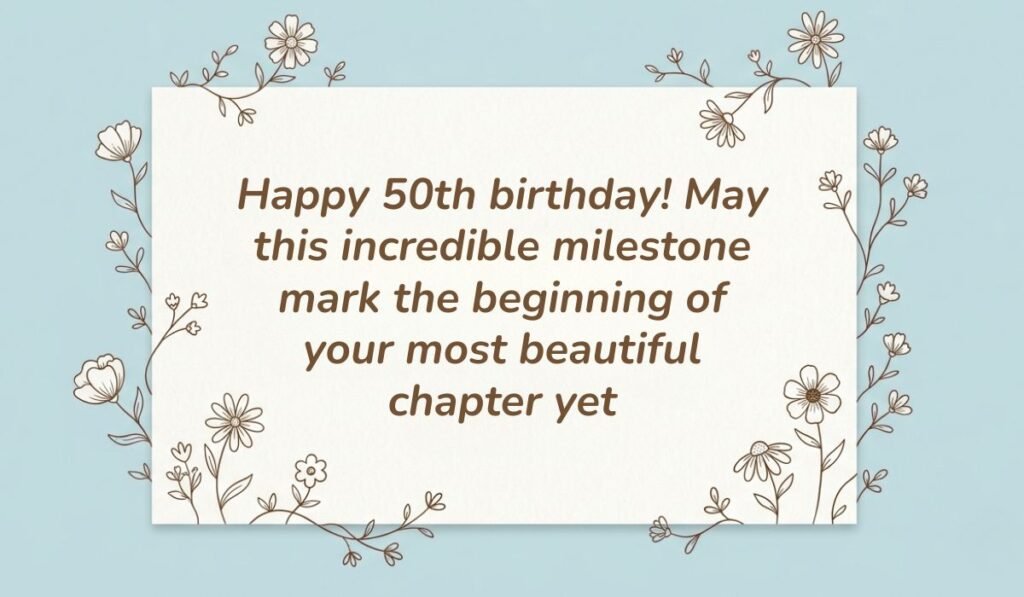Light blue floral frame card displaying a birthday message for someone in heaven reading, "Happy 50th birthday! May this incredible milestone mark the beginning of your most beautiful chapter yet"