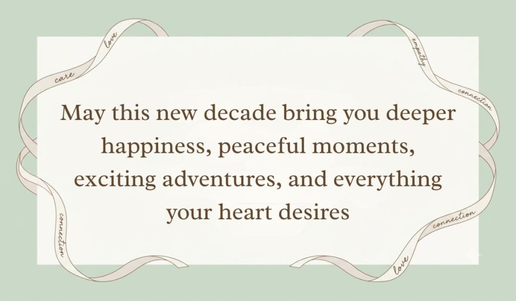Sage green card layout bordered by decorative ribbons presenting a birthday message for someone in heaven reading, "May this new decade bring you deeper happiness, peaceful moments, exciting adventures, and everything your heart desires"