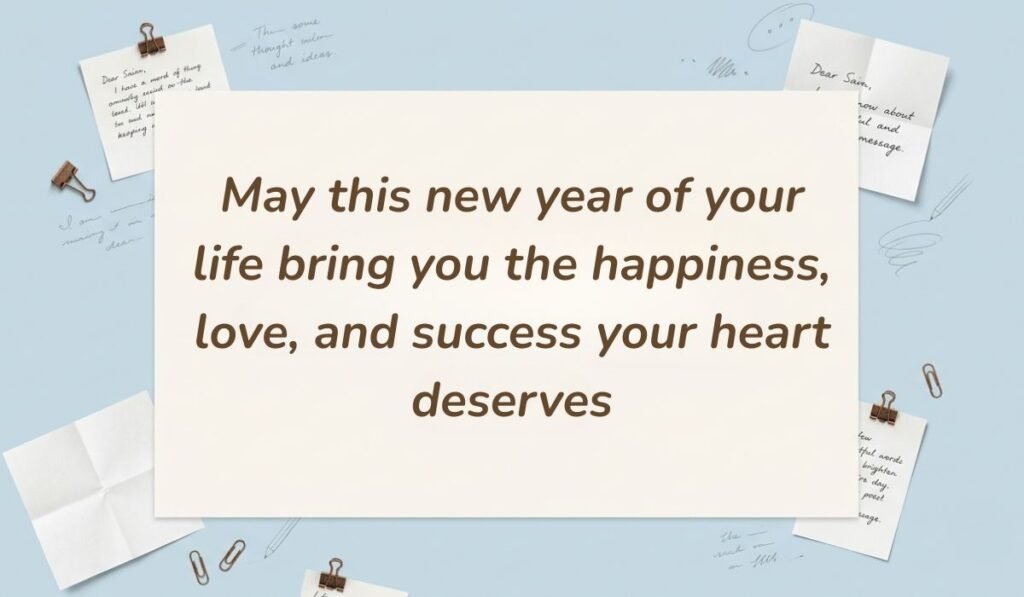 Light blue desk stationery setup with binder clips presenting birthday messages for twin sister reading "May this new year of your life bring you the happiness, love, and success your heart deserves"