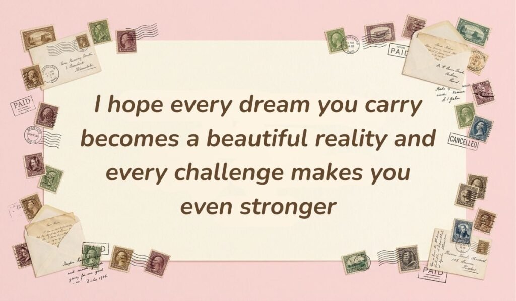 Soft pink frame decorated with vintage postage stamps featuring birthday messages for twin sister stating "I hope every dream you carry becomes a beautiful reality and every challenge makes you even stronger"