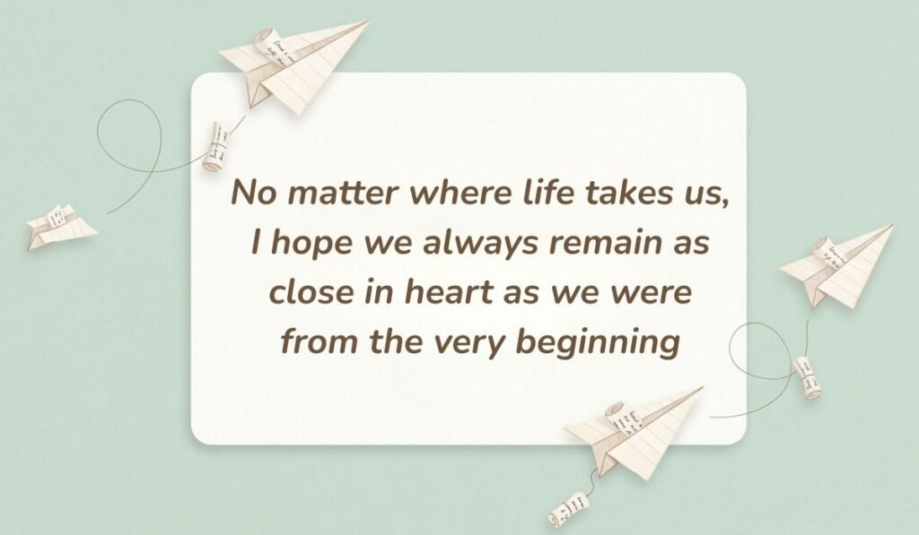 Soft green background with paper airplanes displaying birthday messages for twin sister reading "No matter where life takes us, I hope we always remain as close in heart as we were from the very beginning"