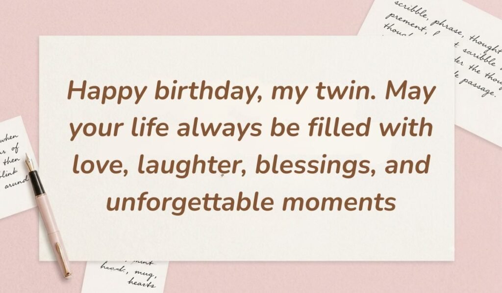 Soft pink stationery arrangement featuring a fountain pen showing birthday messages for twin sister reading "Happy birthday, my twin. May your life always be filled with love, laughter, blessings, and unforgettable moments"