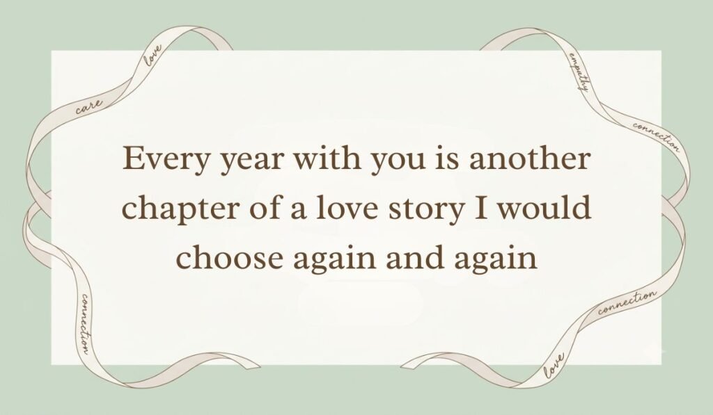 Sage green card with elegant ribbon borders showcasing birthday quotes for husband reading "Every year with you is another chapter of a love story I would choose again and again"