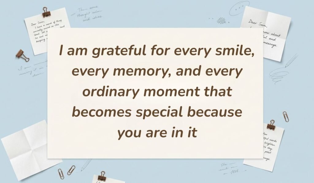 Light blue desk stationery flat lay featuring birthday quotes for husband birthday stating "I am grateful for every smile, every memory, and every ordinary moment that becomes special because you are in it"