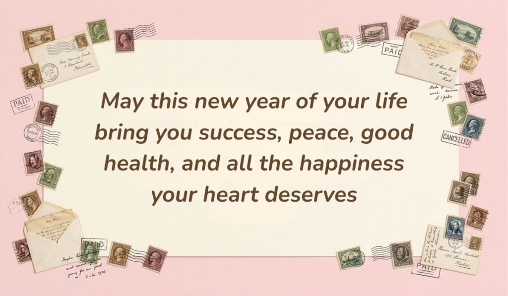 Soft pink card decorated with vintage postage stamps presenting birthday quotes for husband reading "May this new year of your life bring you success, peace, good health, and all the happiness your heart deserves"