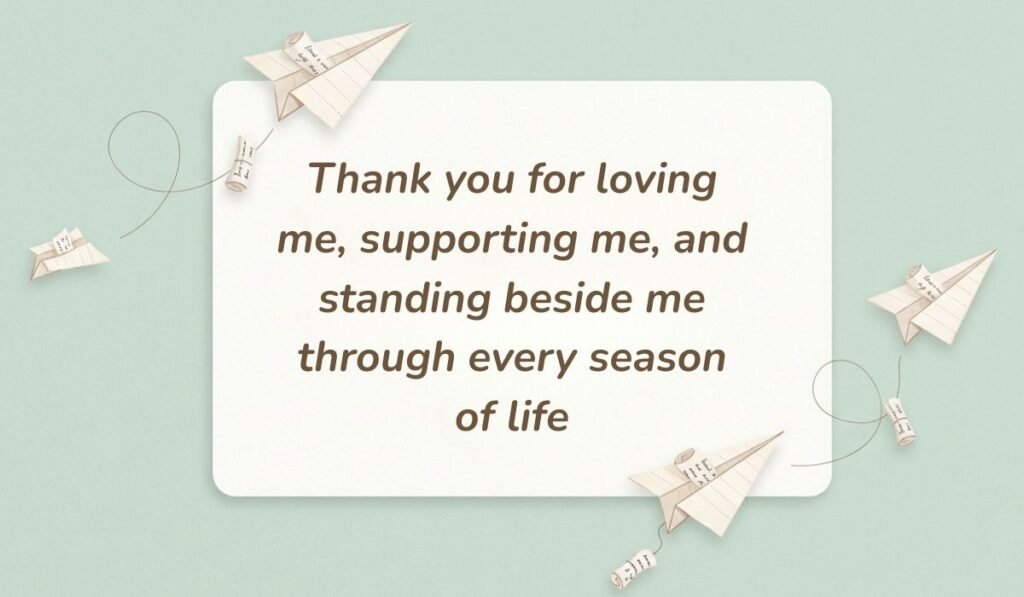 Soft green card with paper airplanes showing supportive birthday quotes for husband reading "Thank you for loving me, supporting me, and standing beside me through every season of life"