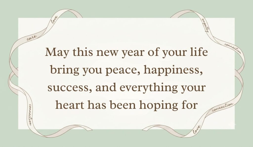 Sage green card styled with elegant ribbon borders showing birthday wishes for a friend reading "May this new year of your life bring you peace, happiness, success, and everything your heart has been hoping for"