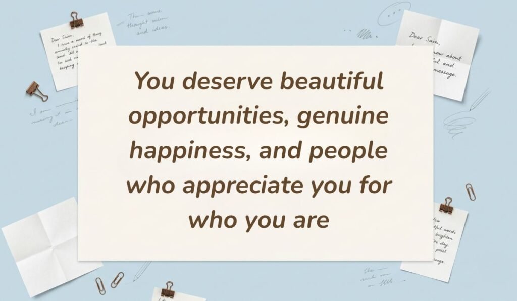 Light blue desk stationery setup with binder clips presenting birthday wishes for a friend reading "You deserve beautiful opportunities, genuine happiness, and people who appreciate you for who you are"
