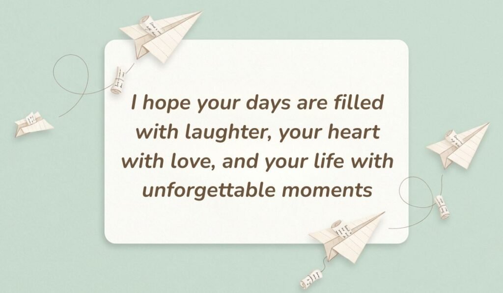 Soft green background with paper airplanes displaying birthday wishes for a friend reading "I hope your days are filled with laughter, your heart with love, and your life with unforgettable moments"