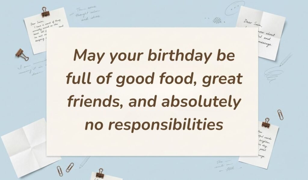 Light blue stationery background with memo notes and clips showing birthday wishes for belated birthday reading, "May the year ahead bring you endless blessings, exciting opportunities, and everything your heart hopes for"