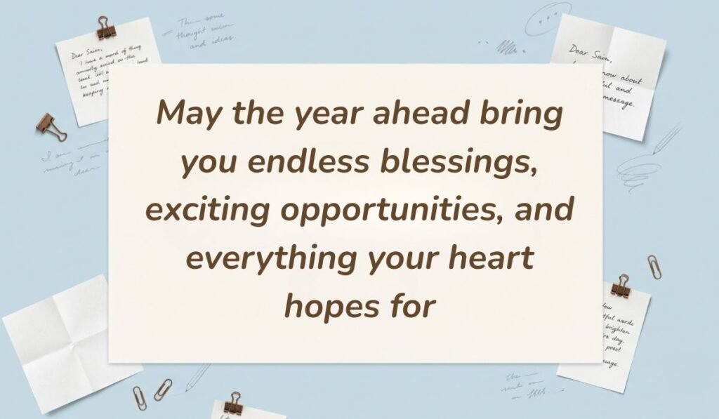 Light blue stationery background with memo notes and clips showing birthday wishes for belated birthday reading, "May the year ahead bring you endless blessings, exciting opportunities, and everything your heart hopes for"