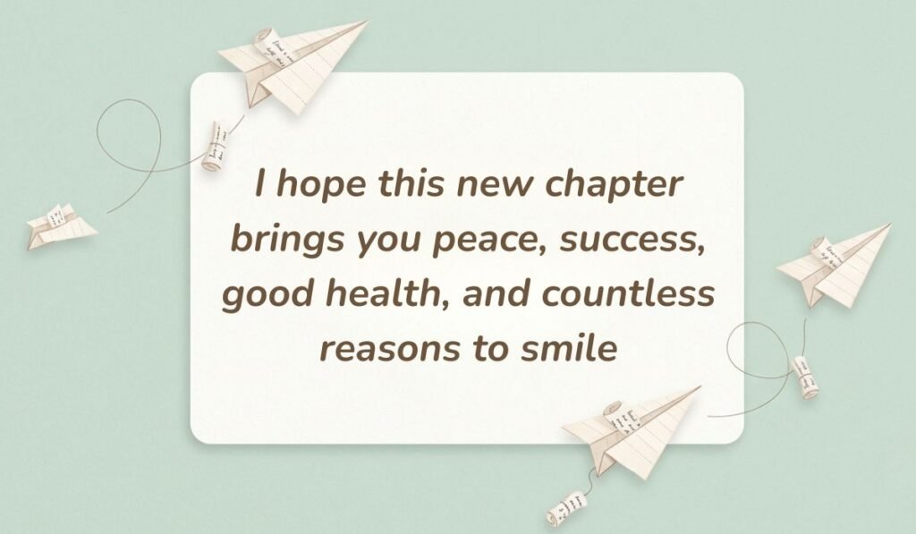 Mint green background with paper airplanes featuring birthday wishes for belated birthday reading, "I hope this new chapter brings you peace, success, good health, and countless reasons to smile"