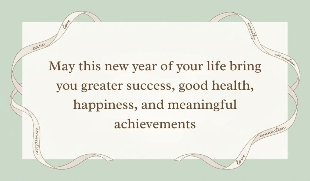 Sage green card styled with delicate ribbon borders showing birthday wishes for boss reading "May this new year of your life bring you greater success, good health, happiness, and meaningful achievements"