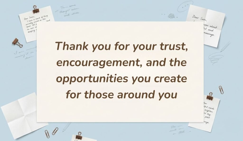 Desk stationery setup with paper clips and note scraps presenting birthday wishes for boss reading "Thank you for your trust, encouragement, and the opportunities you create for those around you"