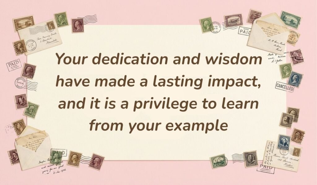 Pastel pink postcard design framed with vintage stamps offering birthday wishes for boss reading "Your dedication and wisdom have made a lasting impact, and it is a privilege to learn from your example"