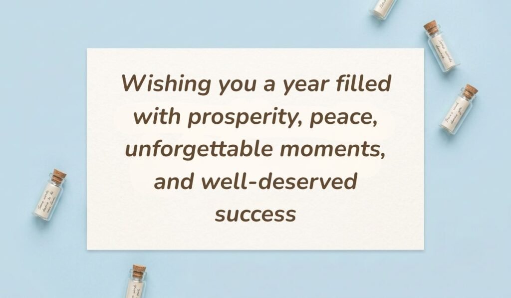 Blue flat lay background with glass message bottles displaying birthday wishes for boss reading "Wishing you a year filled with prosperity, peace, unforgettable moments, and well-deserved success"
