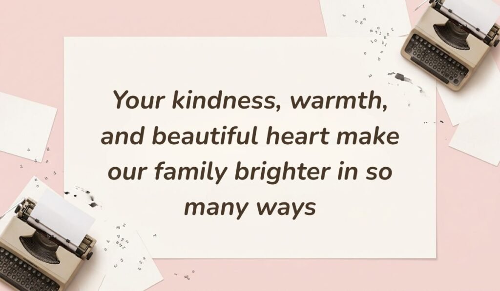 Vintage pink layout with typewriter accents featuring birthday wishes for daughter in law stating "Your kindness, warmth, and beautiful heart make our family brighter in so many ways"