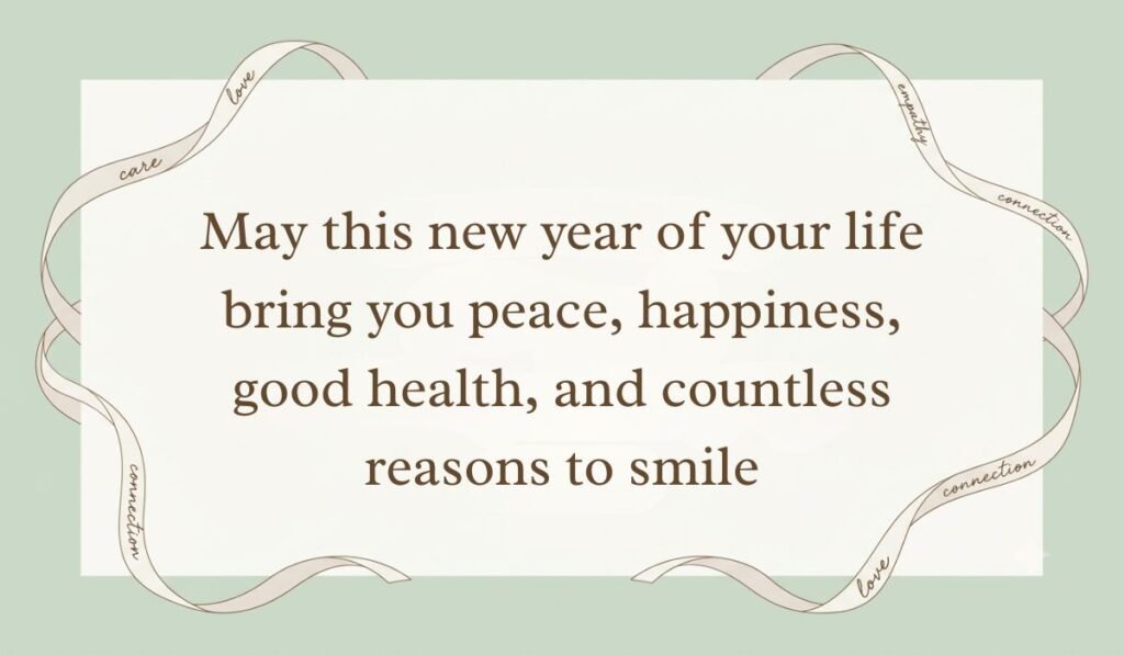 Sage green card styled with elegant ribbon borders showing birthday wishes for daughter in law reading "May this new year of your life bring you peace, happiness, good health, and countless reasons to smile"