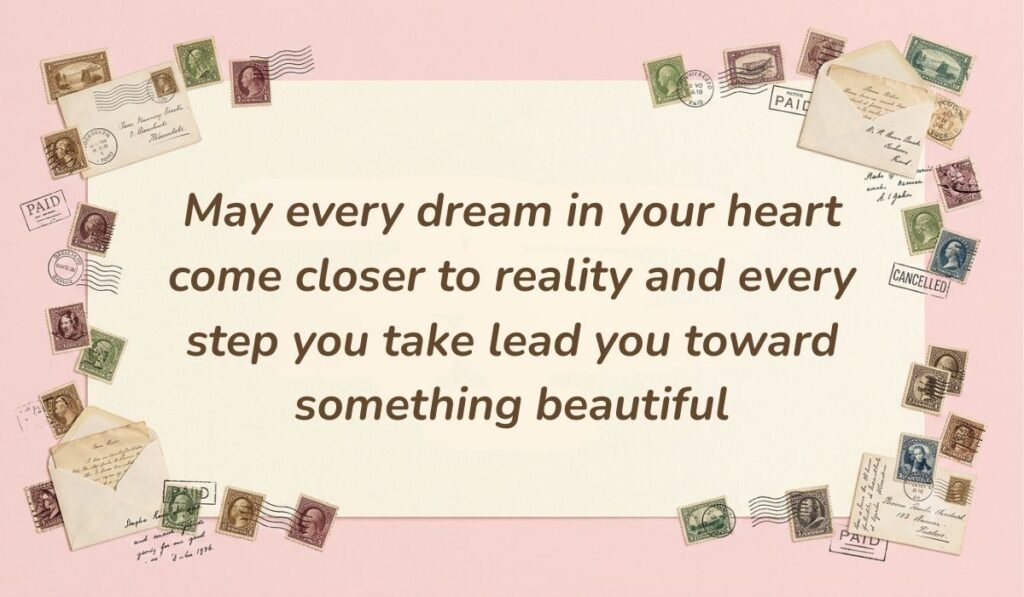 Soft pink frame decorated with vintage postage stamps featuring birthday wishes for daughter in law stating "May every dream in your heart come closer to reality and every step you take lead you toward something beautiful"