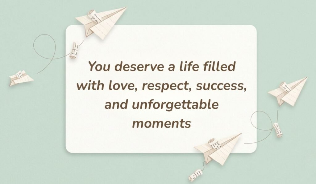 Soft green background with paper airplanes displaying birthday wishes for daughter in law reading "You deserve a life filled with love, respect, success, and unforgettable moments"