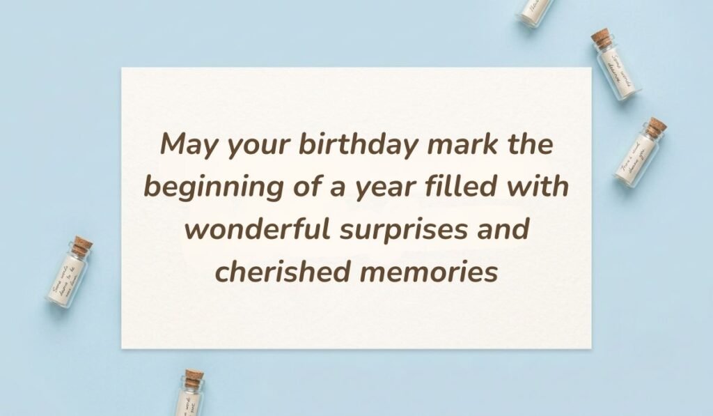 Light blue flat lay with mini corked message bottles featuring birthday wishes for daughter in law stating "May your birthday mark the beginning of a year filled with wonderful surprises and cherished memories"