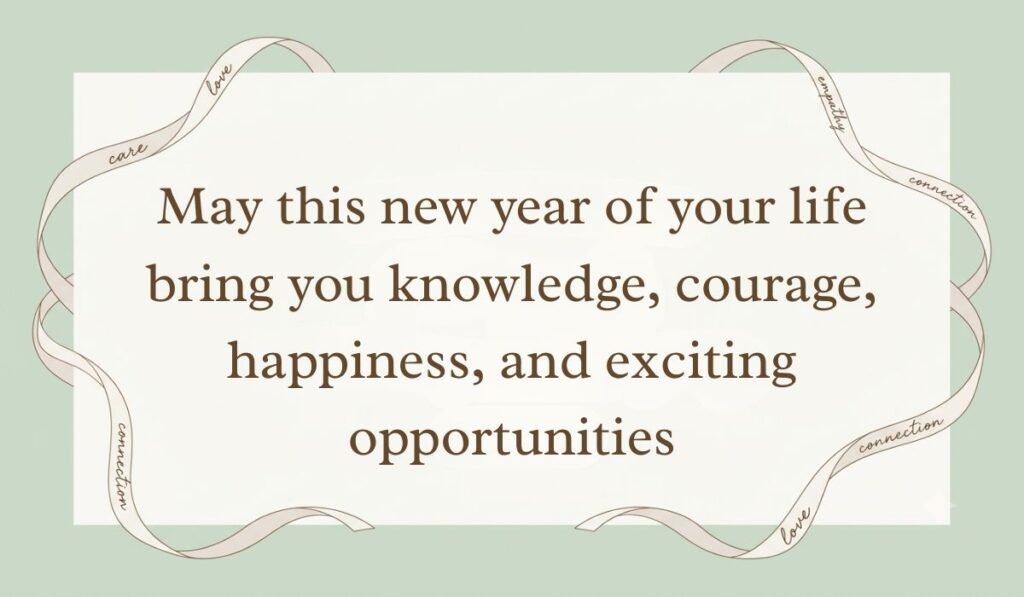Sage green card bordered with decorative ribbons featuring birthday wishes for student from teacher stating "May this new year of your life bring you knowledge, courage, happiness, and exciting opportunities"