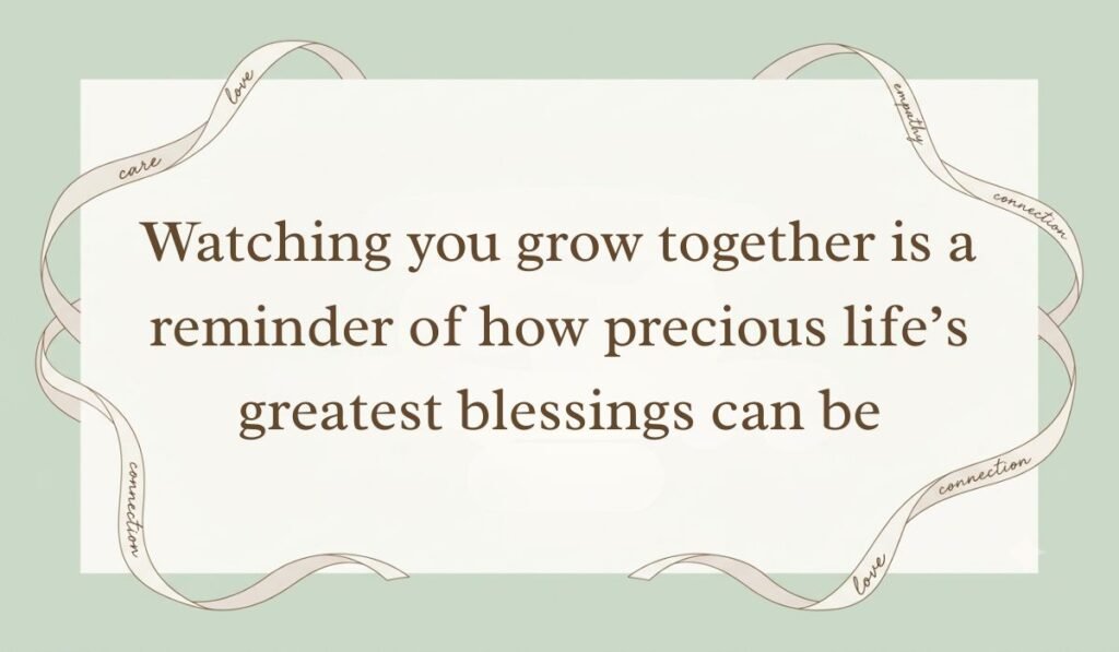 Sage green card styled with decorative ribbon borders presenting birthday wishes for twins stating "Watching you grow together is a reminder of how precious life’s greatest blessings can be"