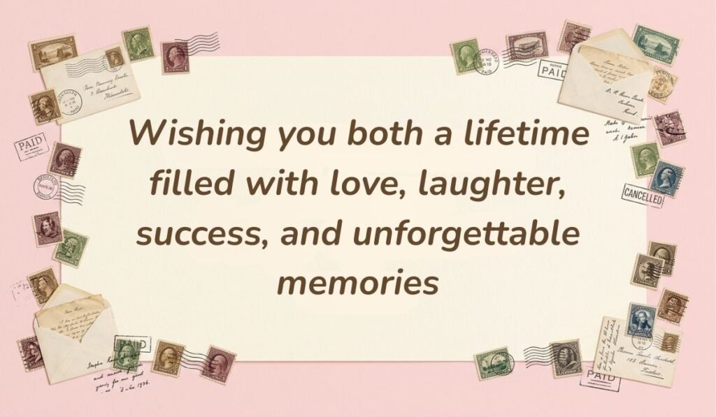 Vintage postal aesthetic card framed with stamps and envelopes presenting birthday wishes for twins reading "Wishing you both a lifetime filled with love, laughter, success, and unforgettable memories"
