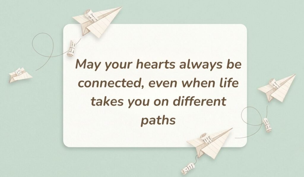 Light green card surrounded by floating paper airplanes displaying birthday wishes for twins stating "May your hearts always be connected, even when life takes you on different paths"