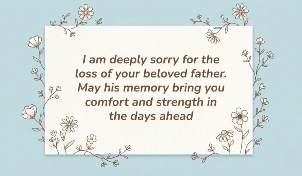 Light blue card with floral line-art borders displaying condolence messages for loss of father reading, "I am deeply sorry for the loss of your beloved father. May his memory bring you comfort and strength in the days ahead"
