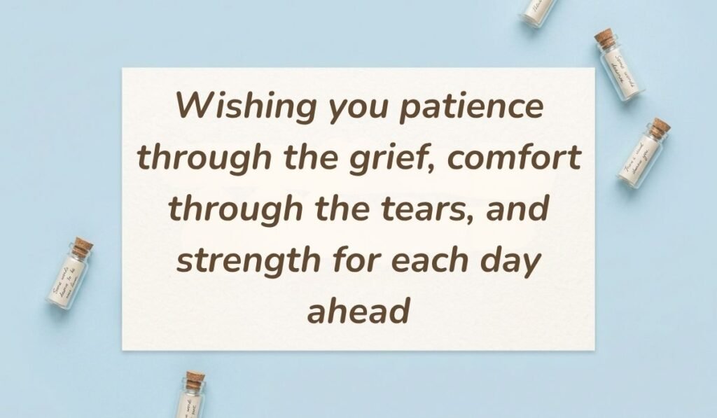 Light blue flat lay with mini glass message bottles showing condolence messages for loss of father reading, "Wishing you patience through the grief, comfort through the tears, and strength for each day ahead"